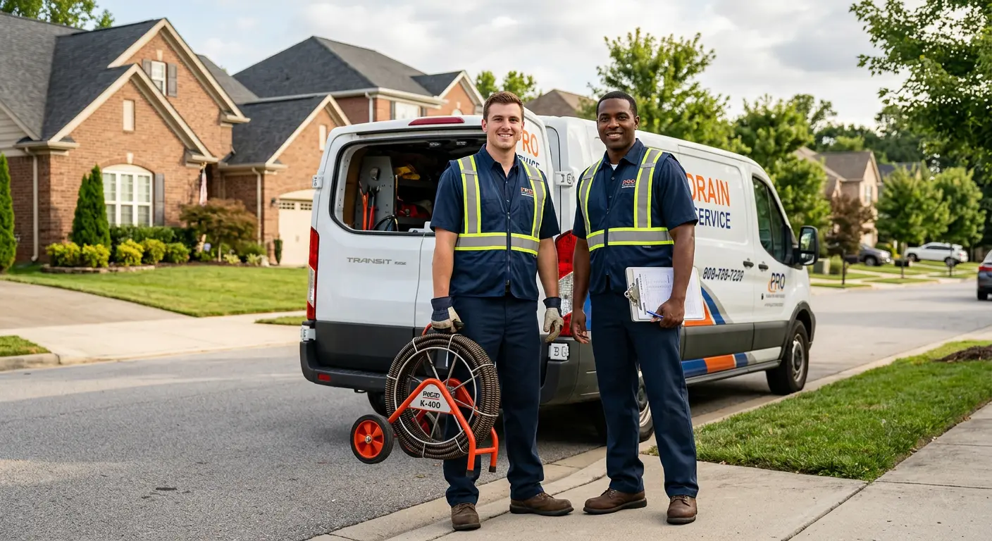 Sewer and drain service team with equipment ready for work in Waldorf