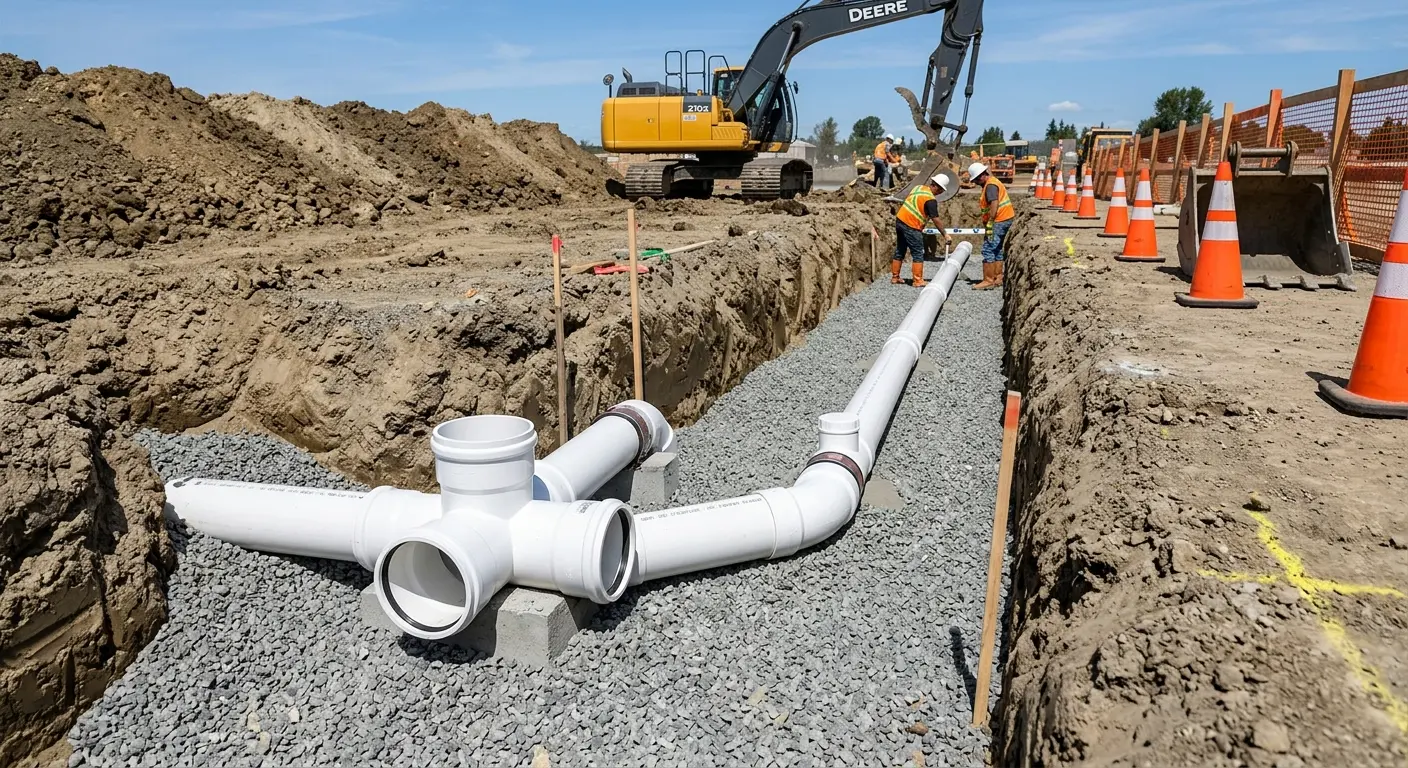 New PVC sewer pipe installation in open trench for Sewer Backup in Waldorf
