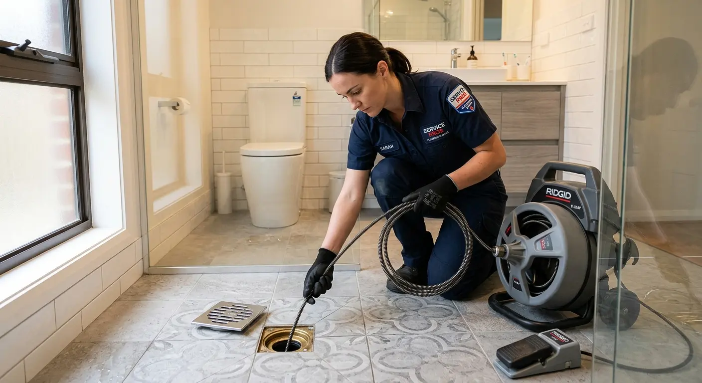 Technician clearing a bathroom floor drain for Hydro Jetting in Waldorf